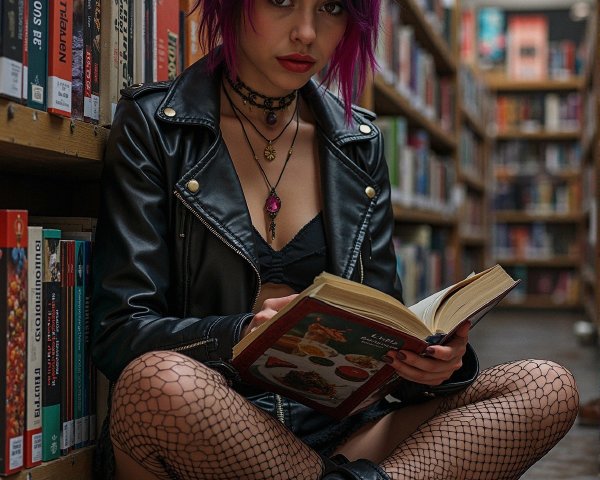 Young woman in a library with pink highlights and books
