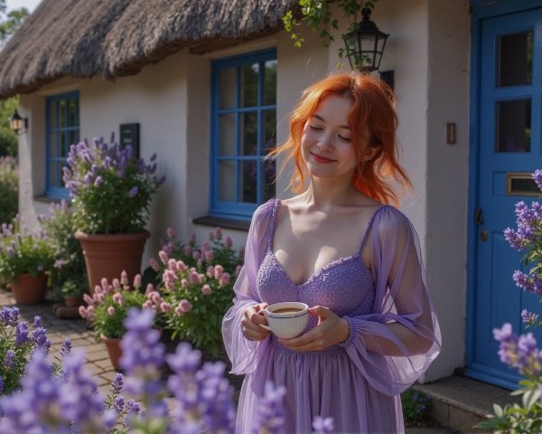 Young Woman with Orange Hair by Flowered Cottage