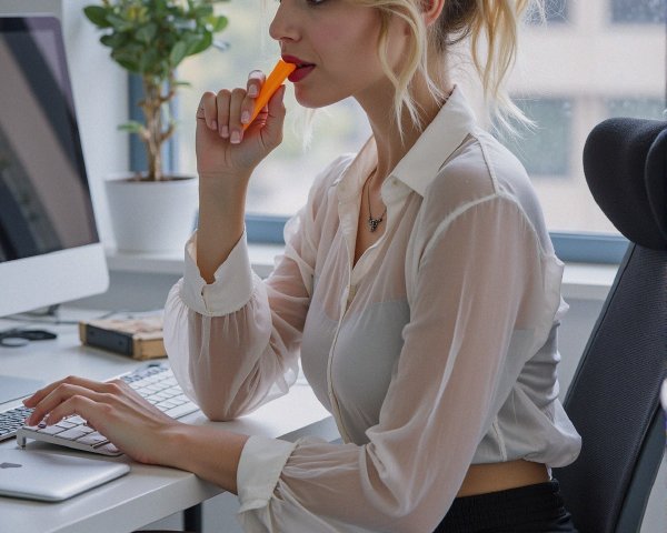 Young woman working at a desk with computer setup