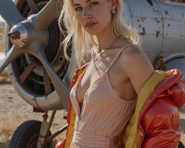 Model in Blush Dress and Orange Jacket by Airplane