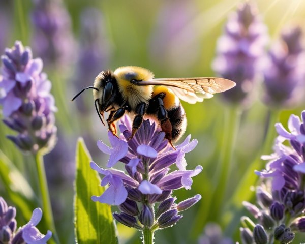 Bumblebee on Lavender Flower in Sunlit Garden
