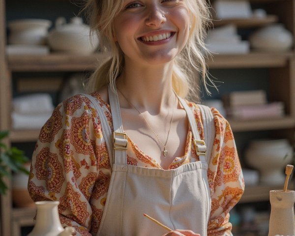 Young Woman in Cozy Pottery Studio with Ceramics