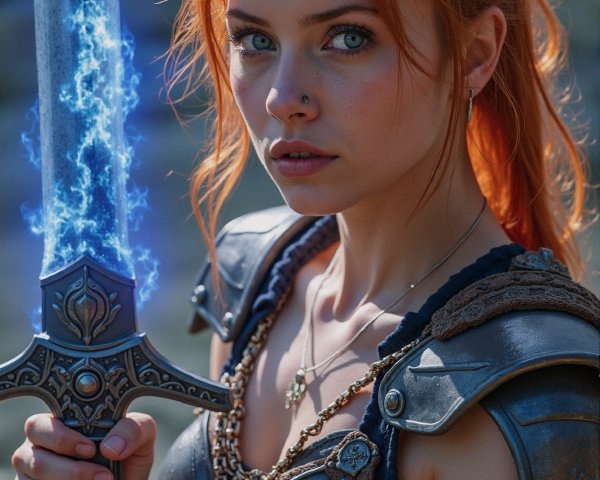 Young woman with orange hair and glowing sword in armor