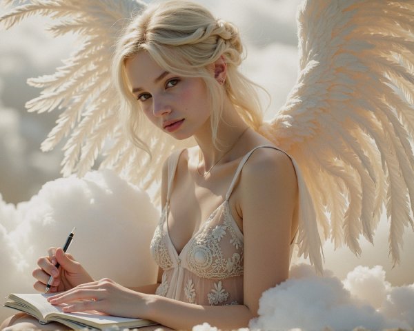 Ethereal Figure with Wings in Dreamy Cloud Setting