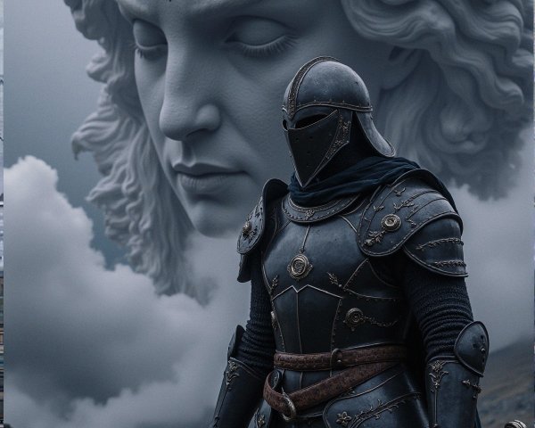 Lone Knight in Ornate Armor in Dramatic Landscape