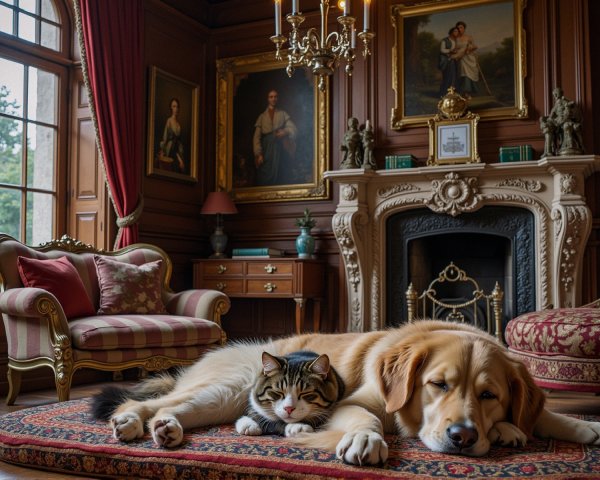 Luxurious Room with Golden Retriever and Fluffy Cat