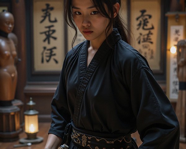 Young Woman in Black Martial Arts Attire with Sword