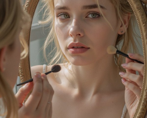 Young woman applying makeup in warm, serene setting