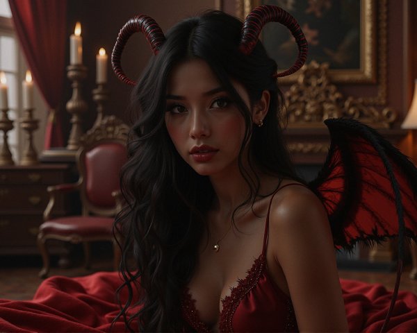 Lavish Room with Enchanting Figure and Red Decor