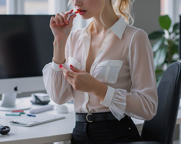 Young woman at modern desk with stylish attire and decor