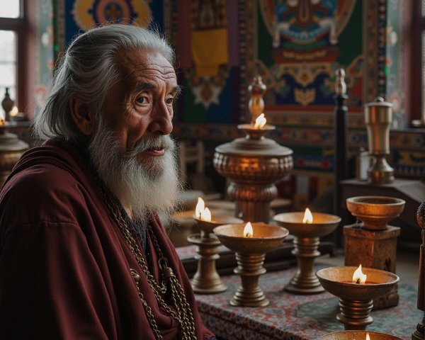 Elderly Man in Serene Room with Colorful Murals
