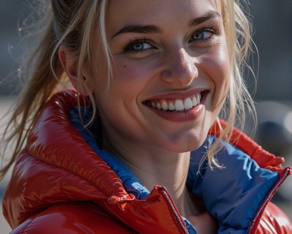 Young woman in red puffer jacket outdoors with smile