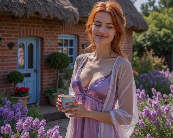 Woman in Lavender Garden with Charming Brick House