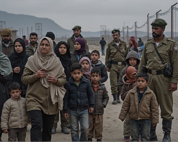 Group Walking Through Barren Landscape with Security Presence