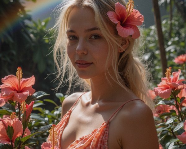 Young Woman with Hibiscus in Tropical Setting