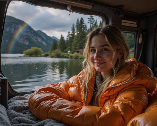 Young woman in orange jacket by lake with rainbow