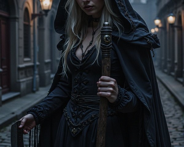 Mysterious figure in black cloak in dim alleyway