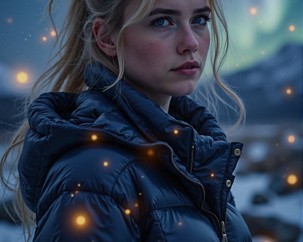 Young woman in puffer jacket under Northern Lights