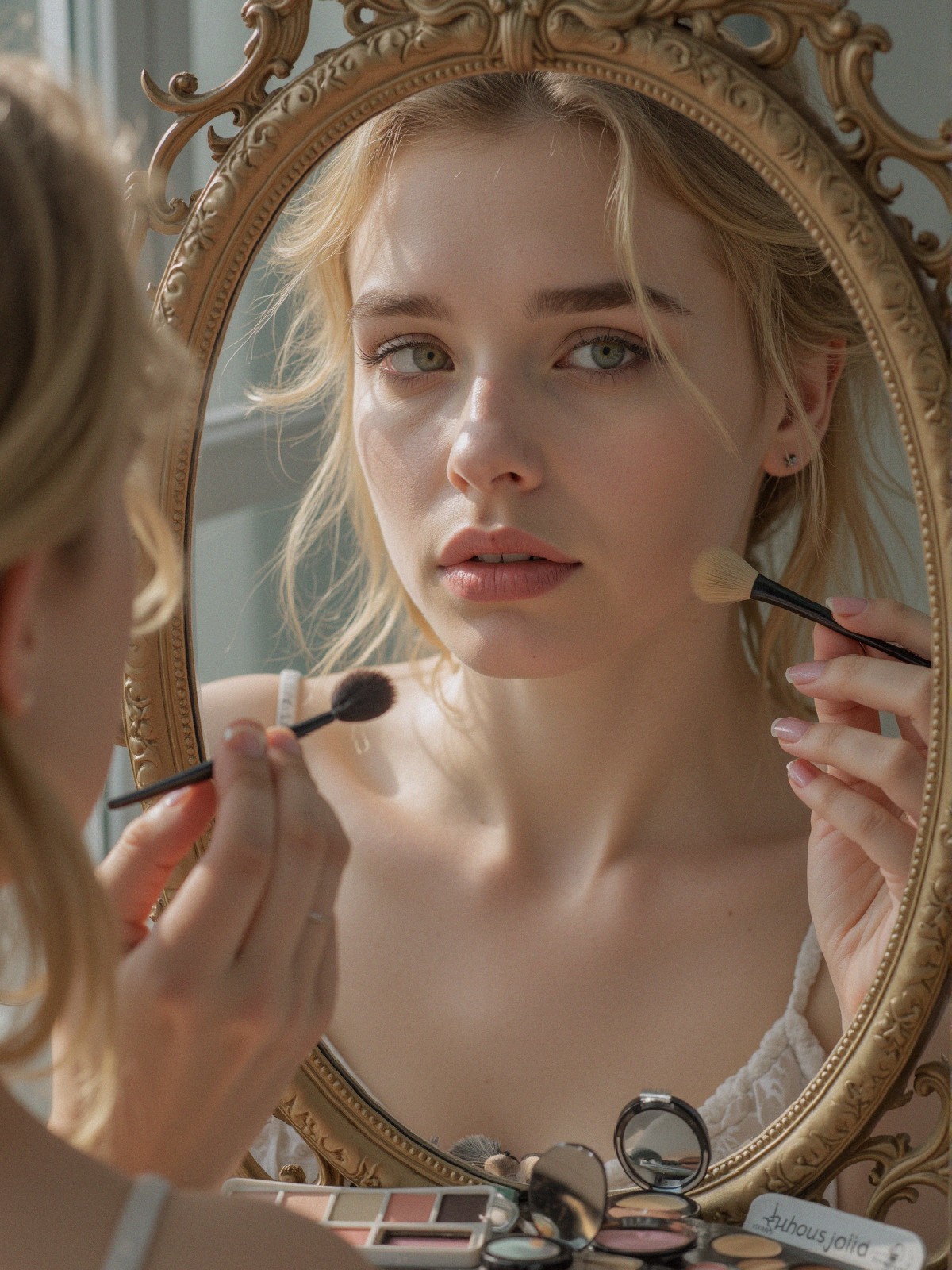 Young woman applying makeup in warm, serene setting