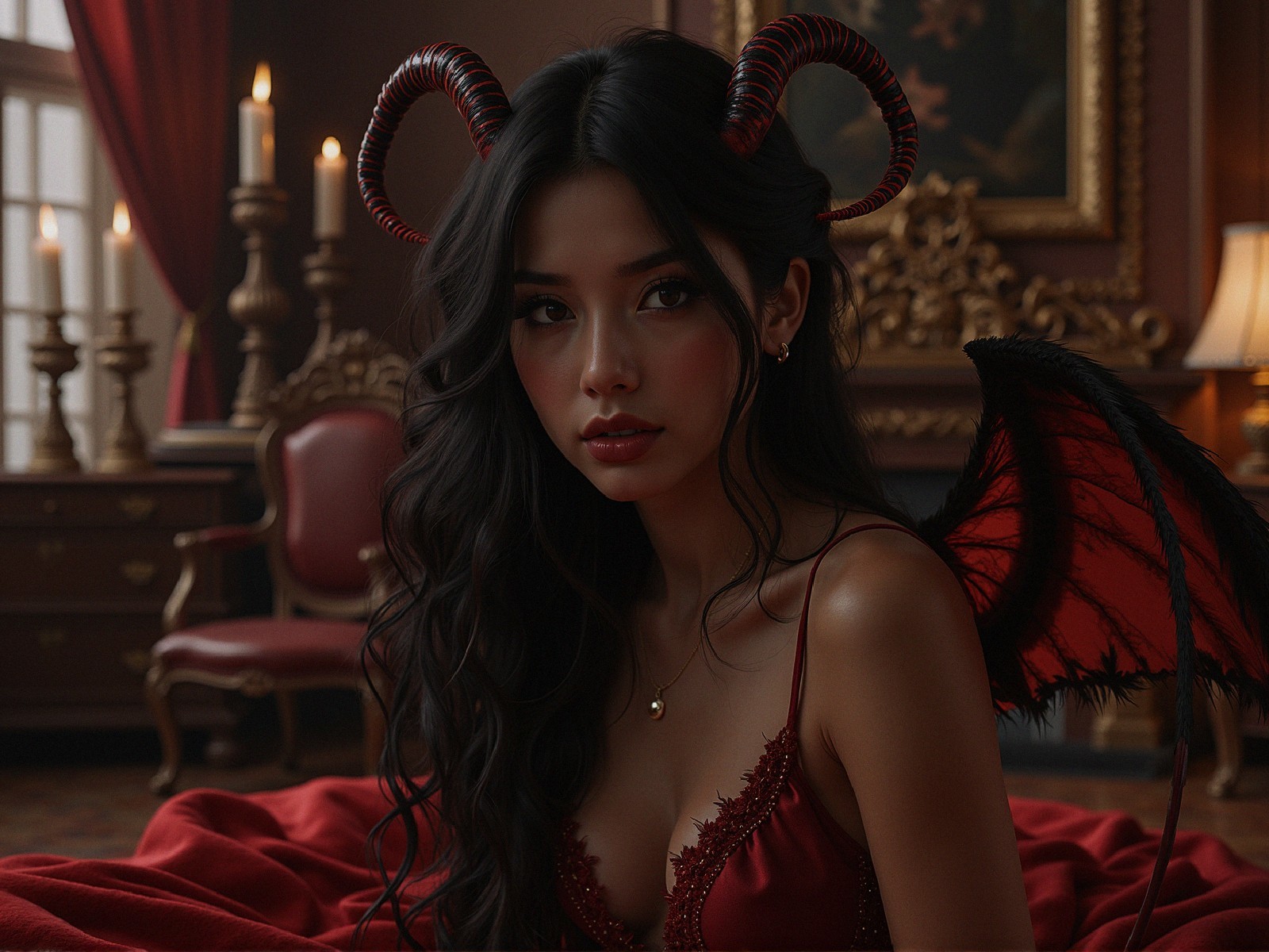 Lavish Room with Enchanting Figure and Red Decor