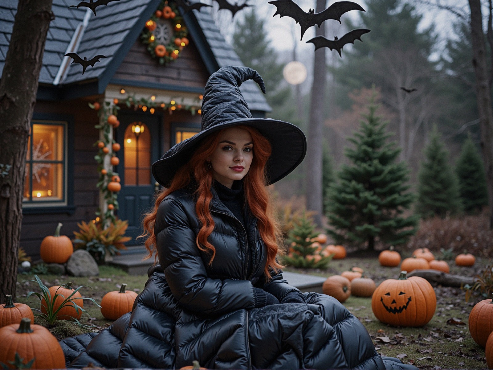 Young Woman in Witch Hat by Halloween Cabin Decor
