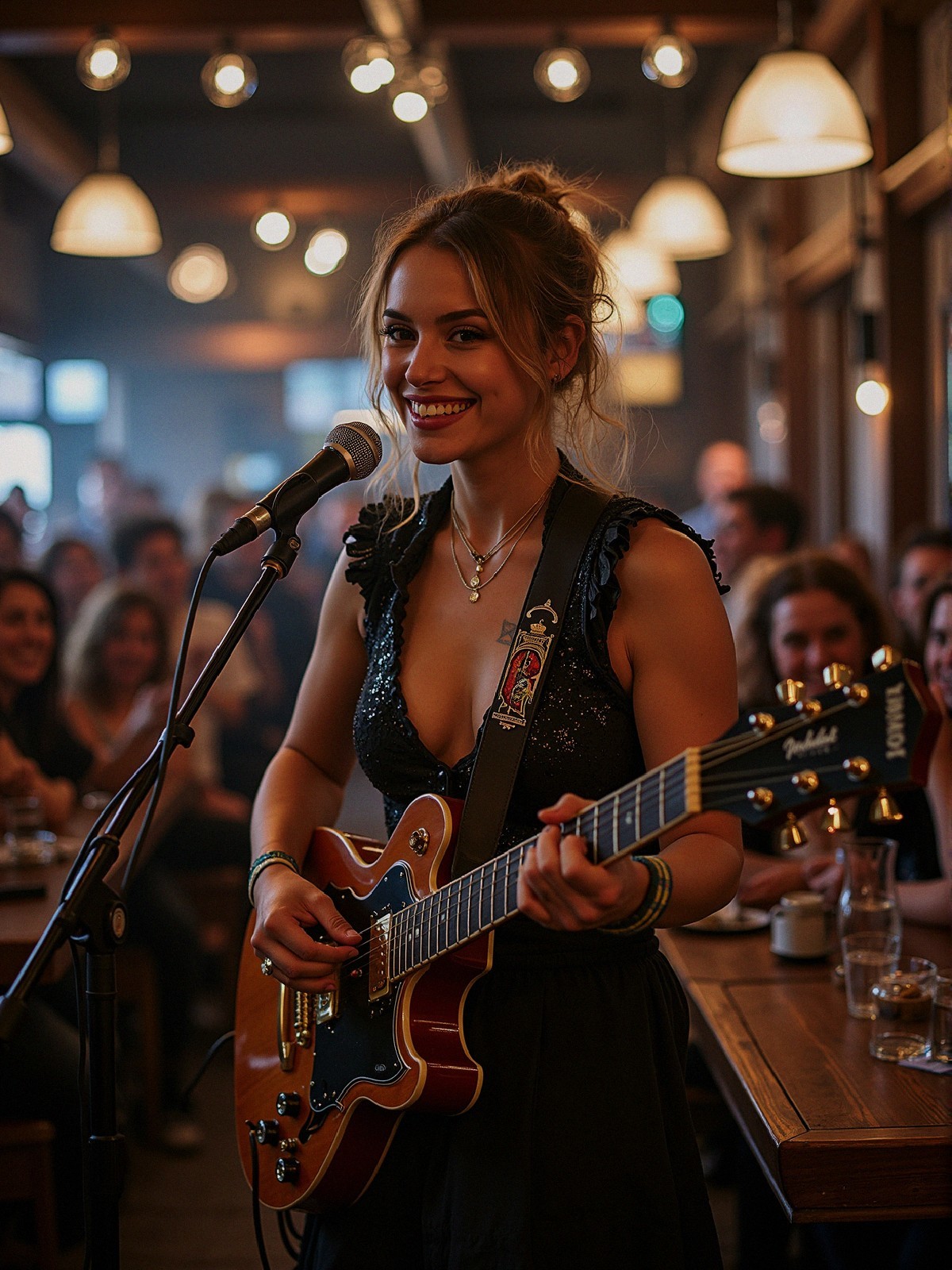 Young woman performs with guitar in cozy venue