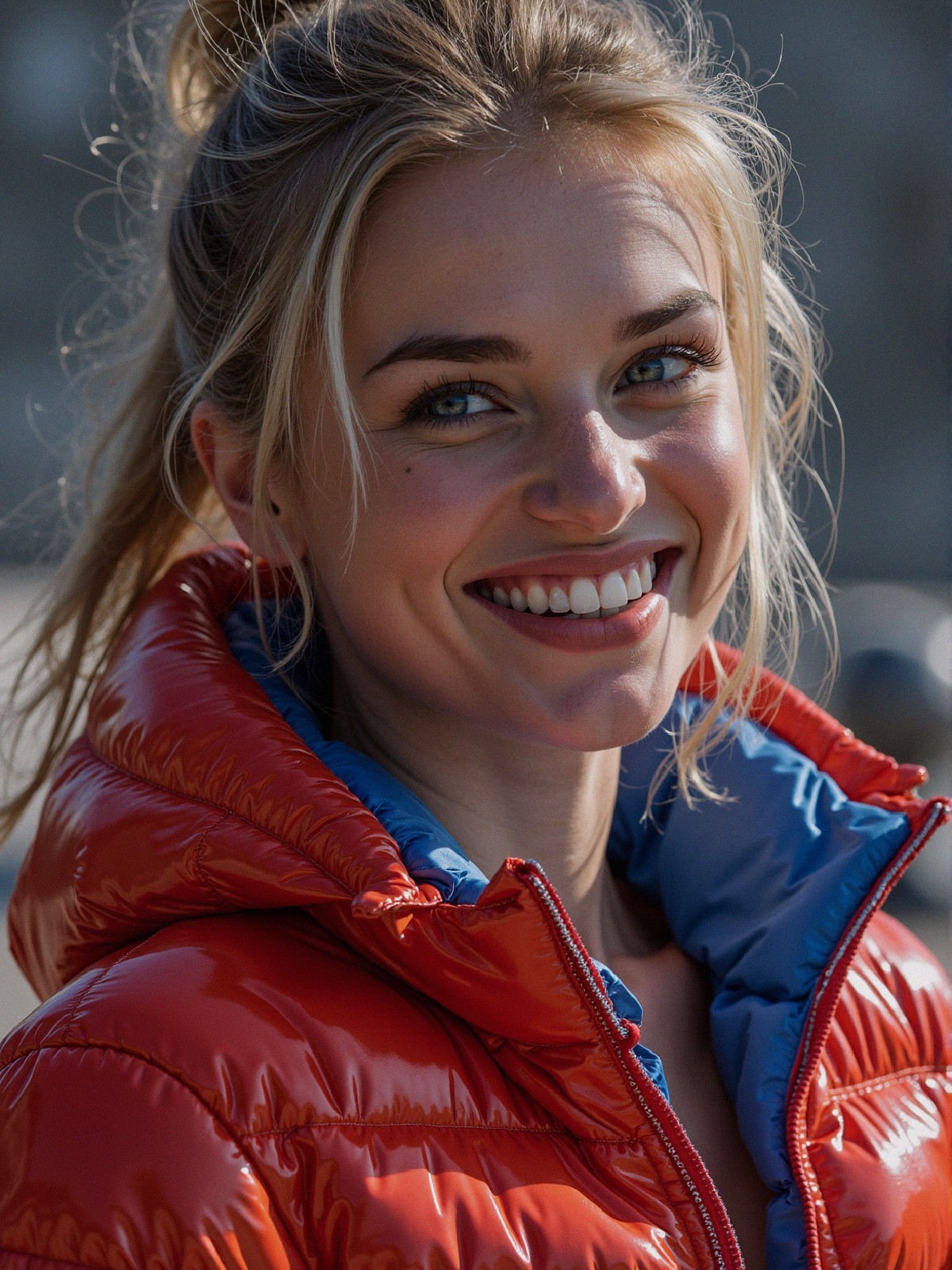 Young woman in red puffer jacket outdoors with smile