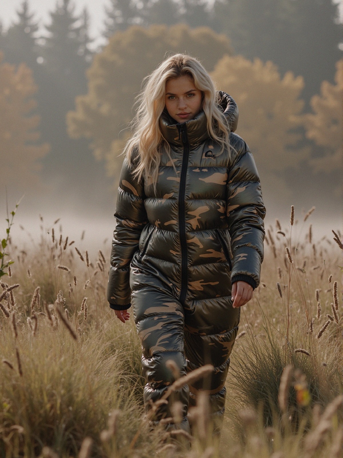 Woman in Camouflage Puffer Suit in Misty Field