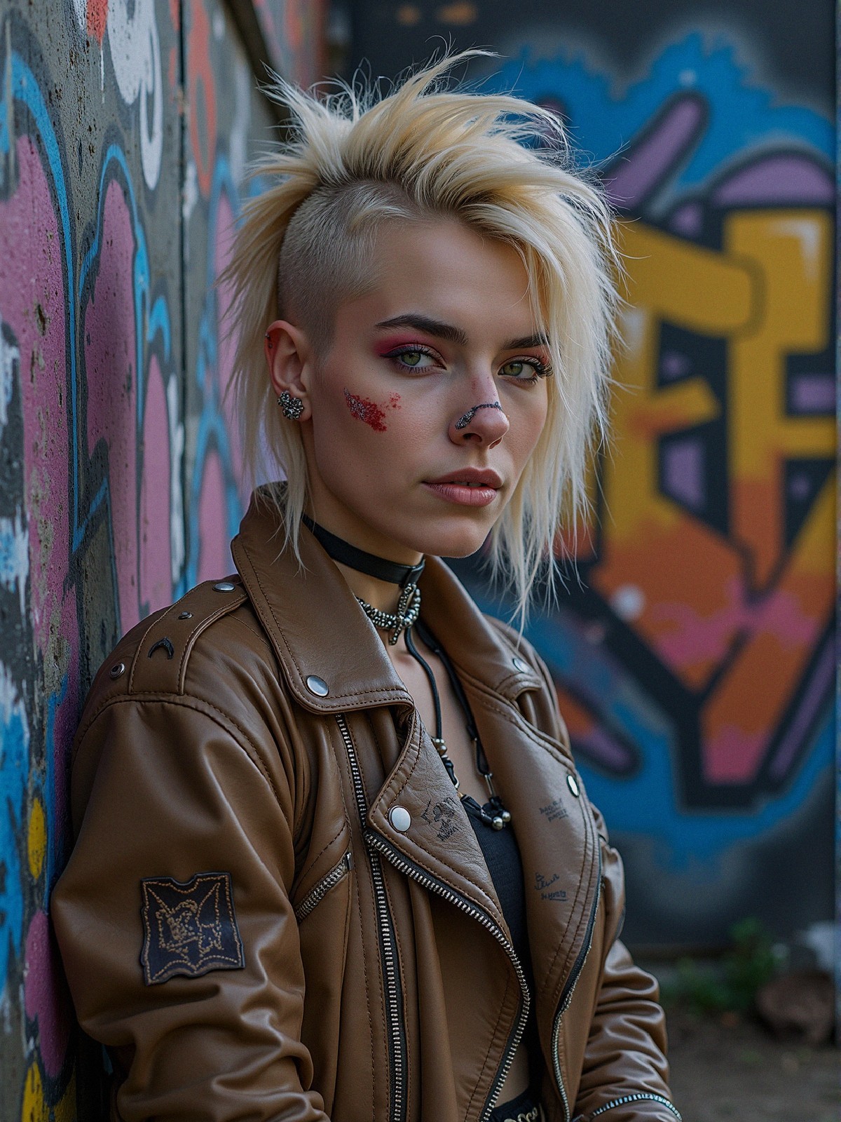 Young Person with Mohawk Against Graffiti Wall
