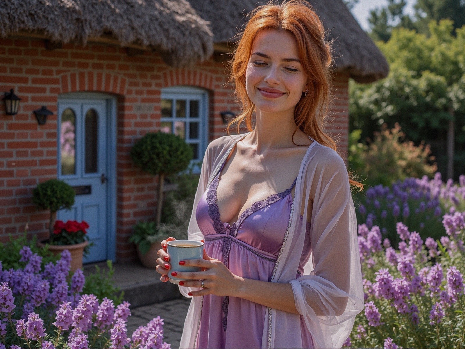 Woman in Lavender Garden with Charming Brick House