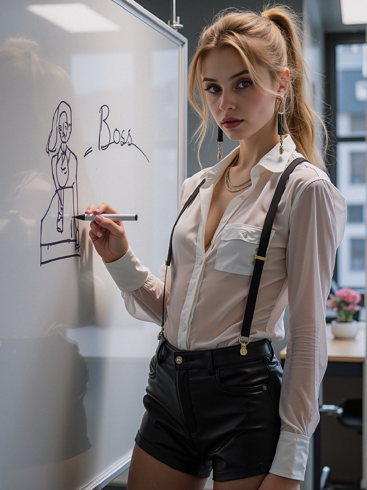 Young Woman Illustrates "Boss" on Whiteboard in Office
