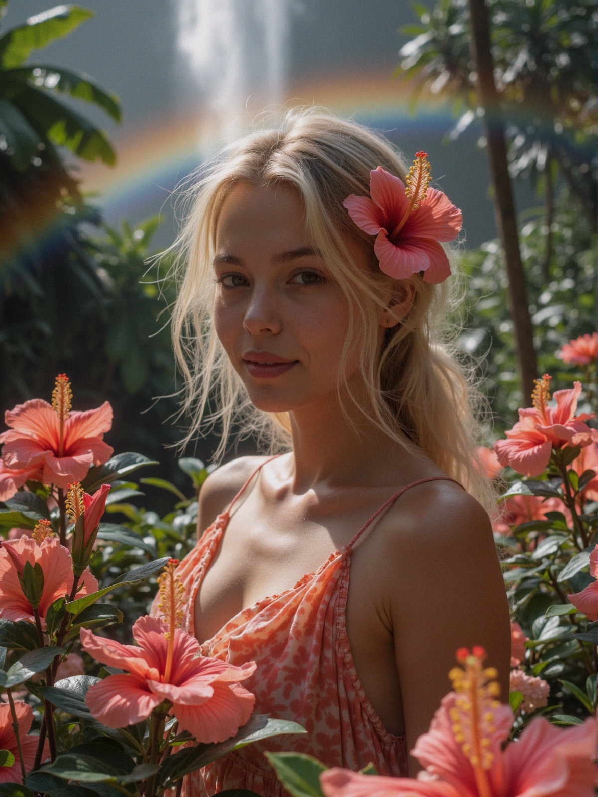 Young Woman with Hibiscus in Tropical Setting