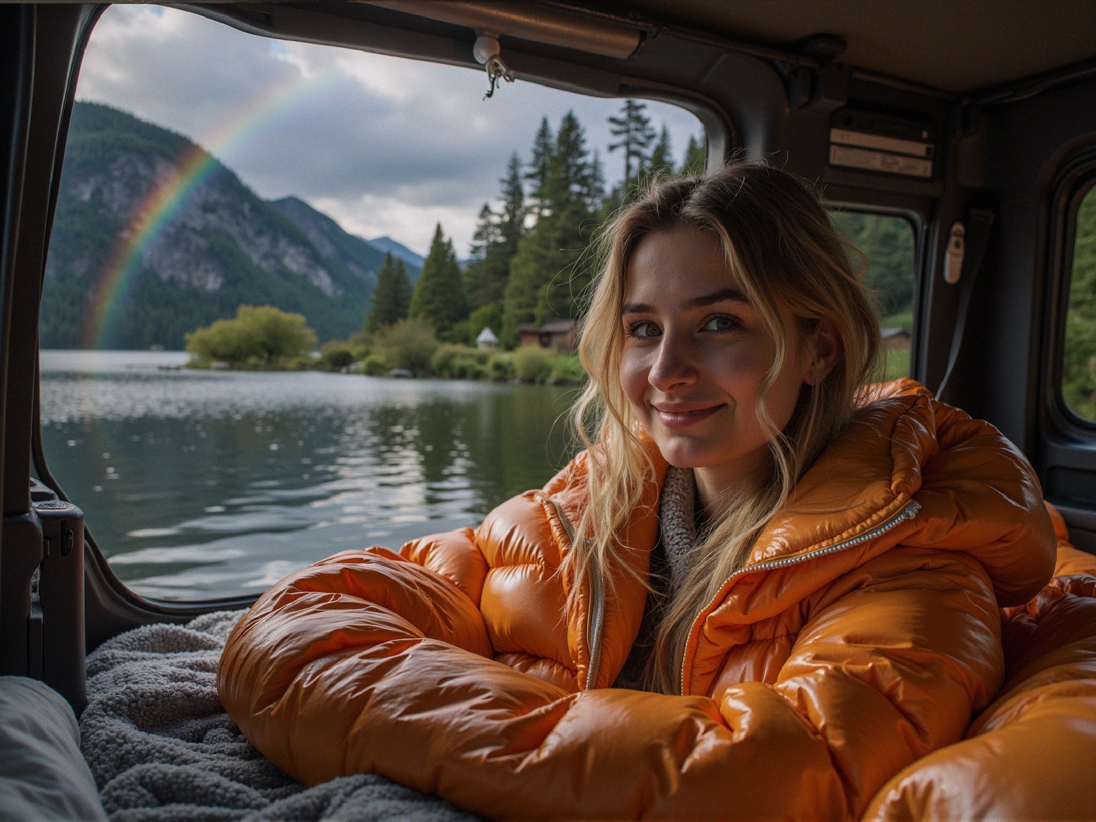Young woman in orange jacket by lake with rainbow