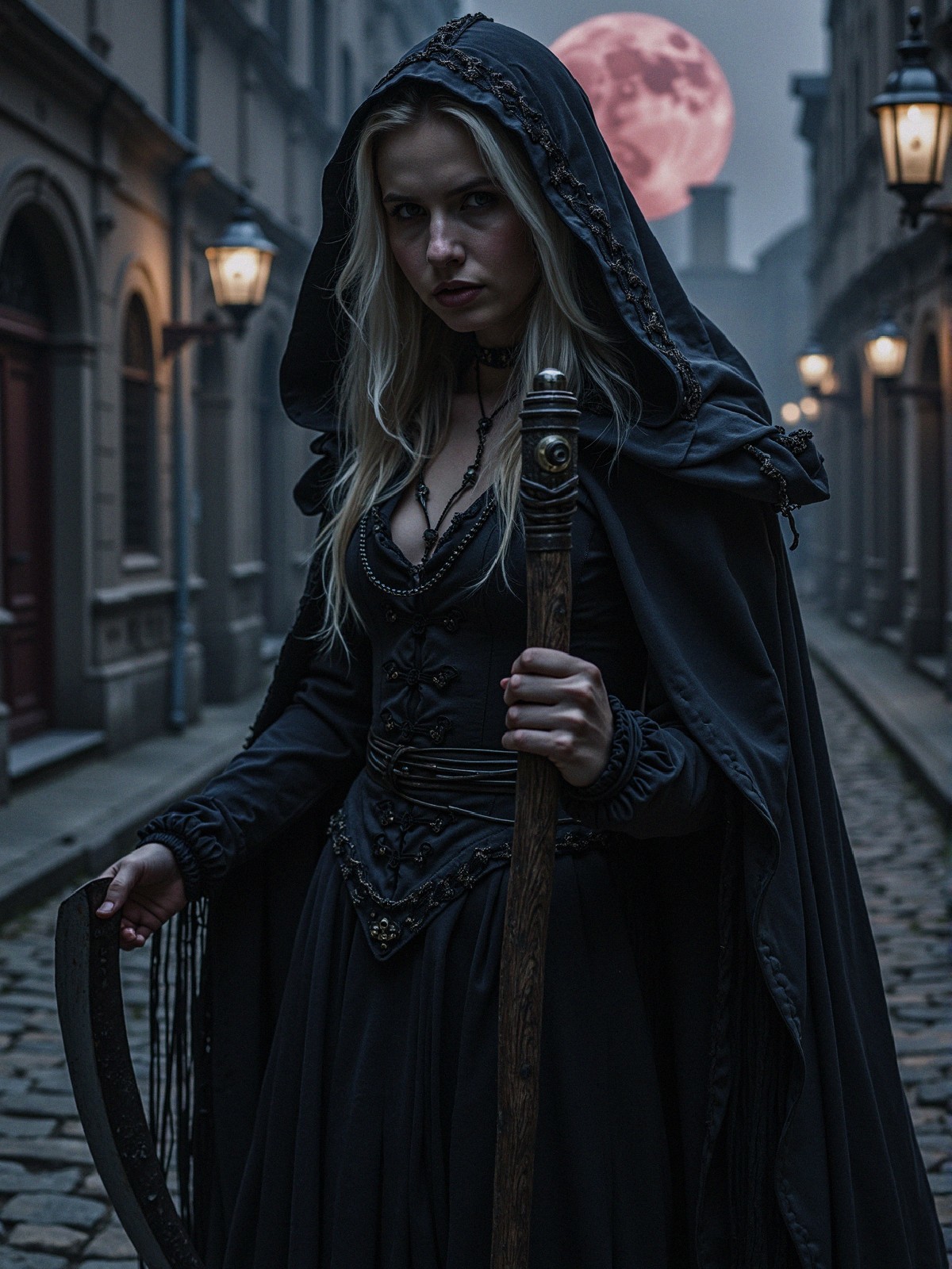 Mysterious figure in black cloak in dim alleyway