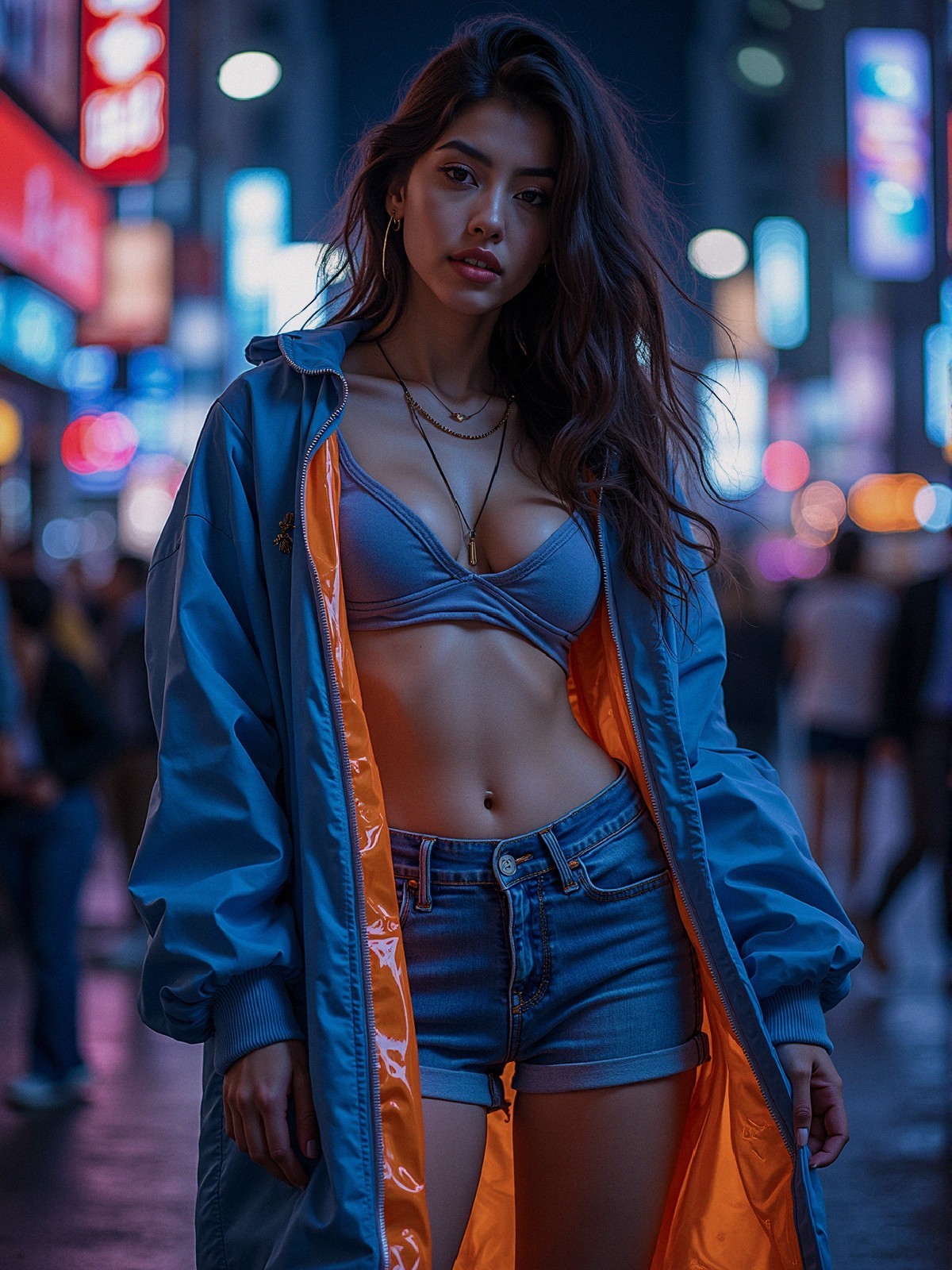 Young woman in urban neon lights with stylish outfit