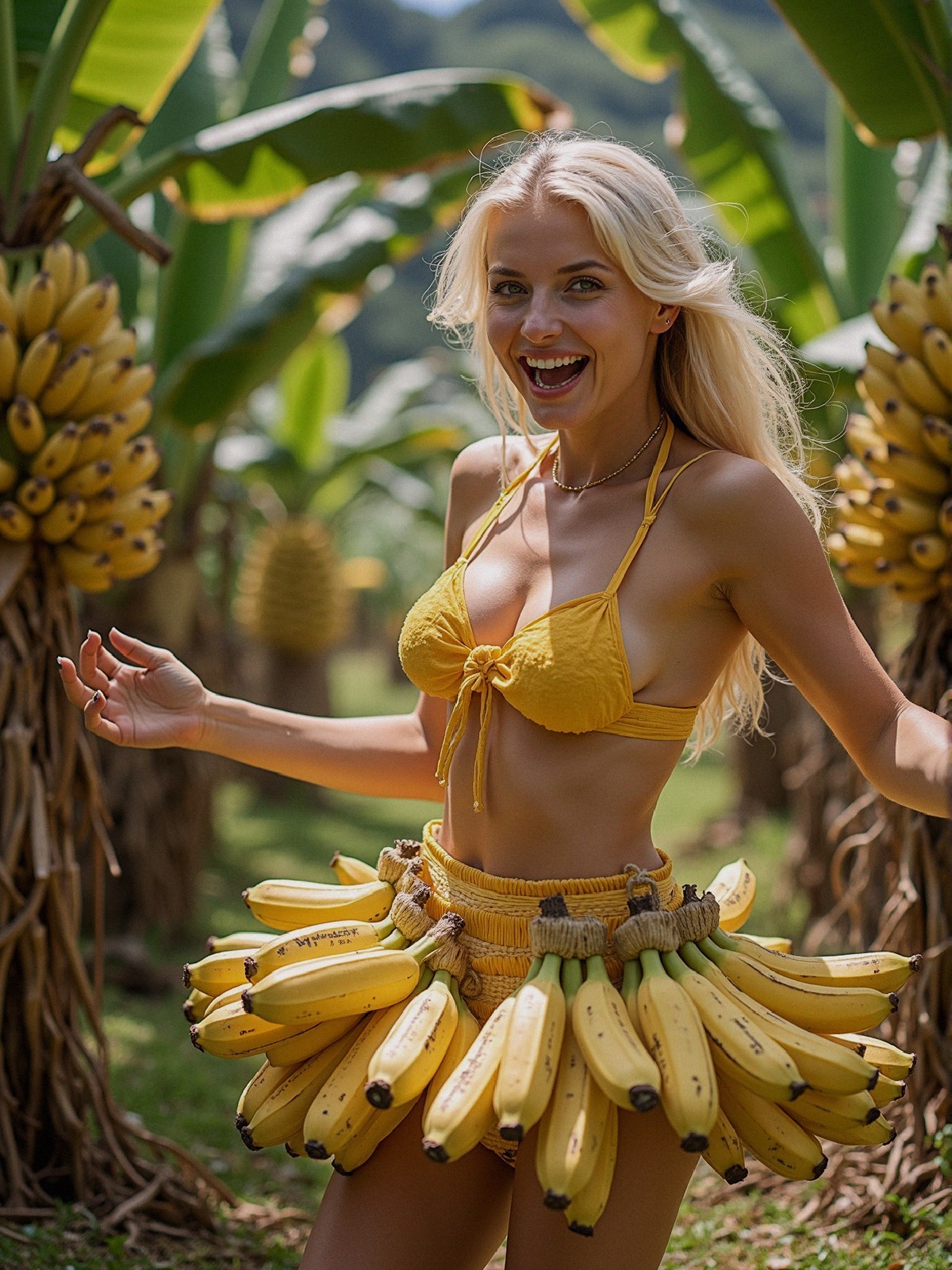 Young woman in yellow bikini with banana skirt in tropics