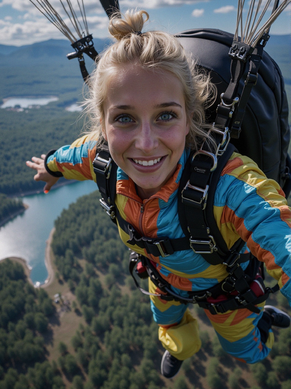 Woman in colorful jumpsuit parachuting over scenic landscape