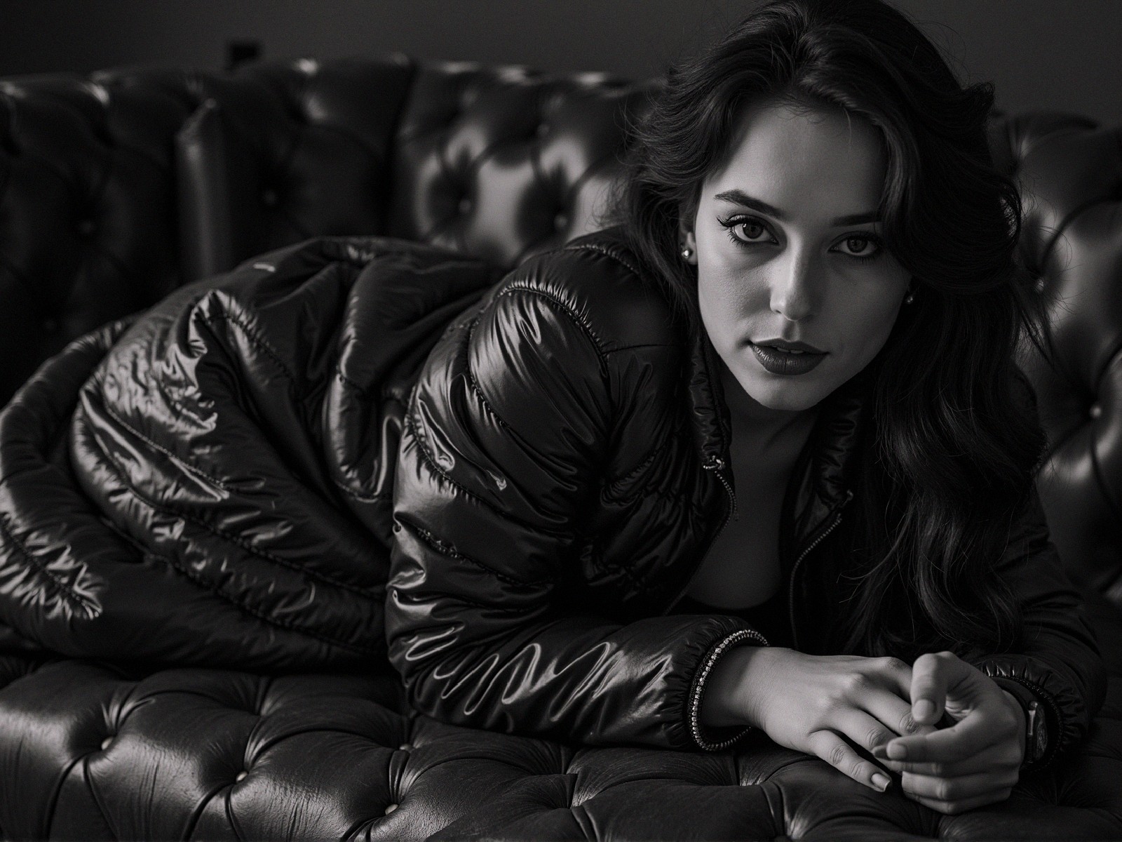 Black and white portrait of a young woman on a couch