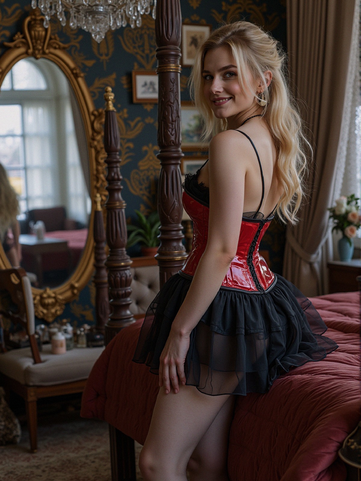 Young Woman in Red Corset in Lavish Room Decor
