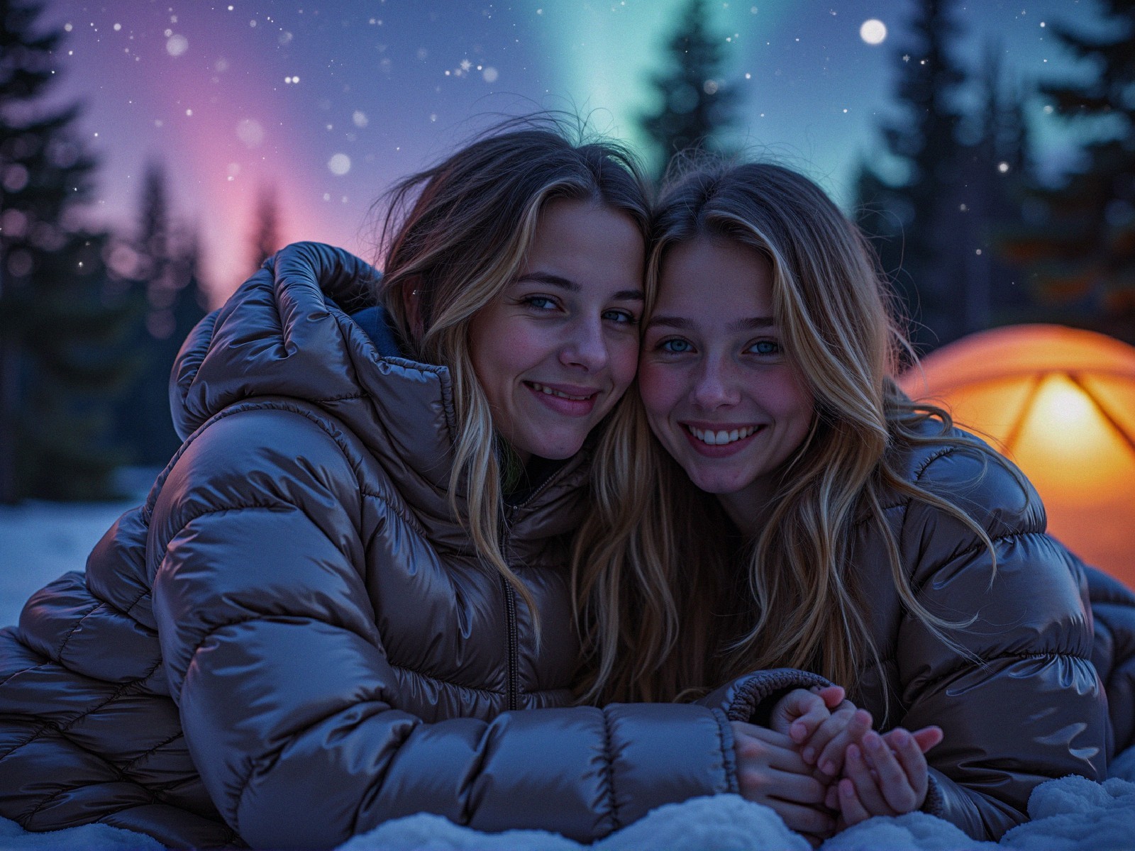 Young girls in puffer jackets under northern lights