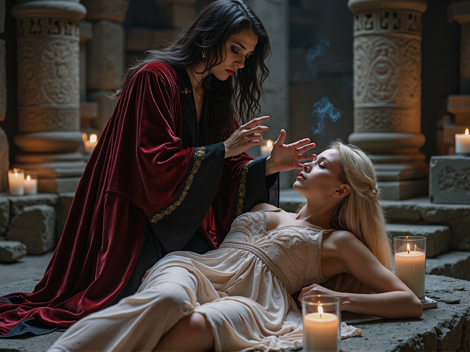 Ethereal Scene of Two Women in Ancient Setting