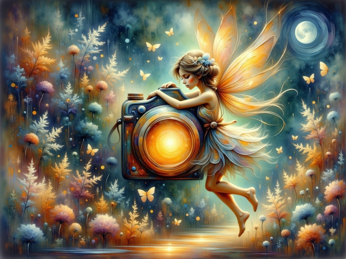 Whimsical fairy with camera in a colorful forest