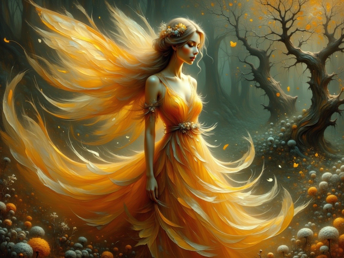 Serene figure in orange gown amidst mystical forest