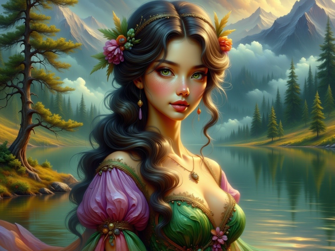Young woman by serene lake with lush mountains
