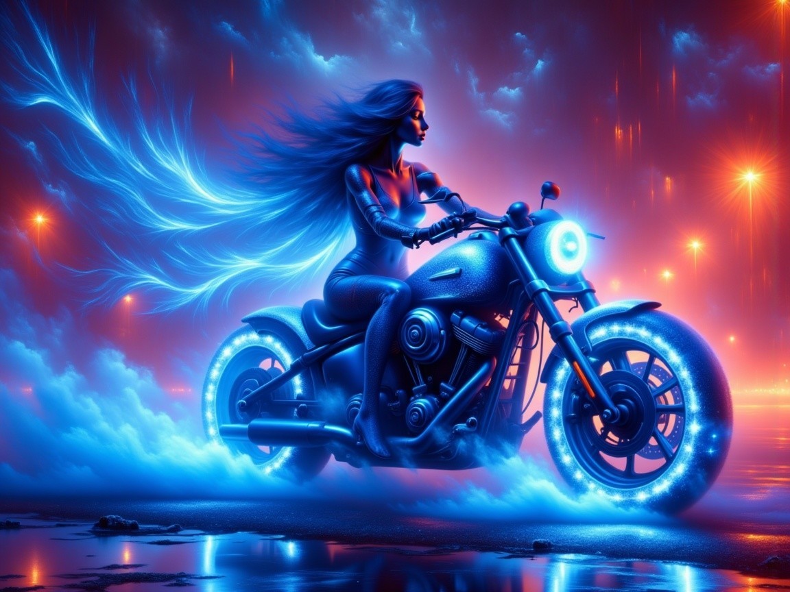 Futuristic Scene of Woman on Vibrant Motorcycle