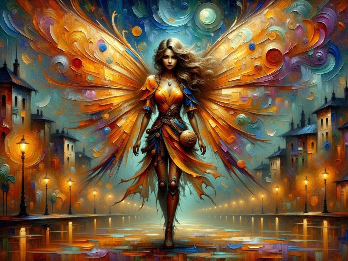 Majestic figure with orange wings in urban setting