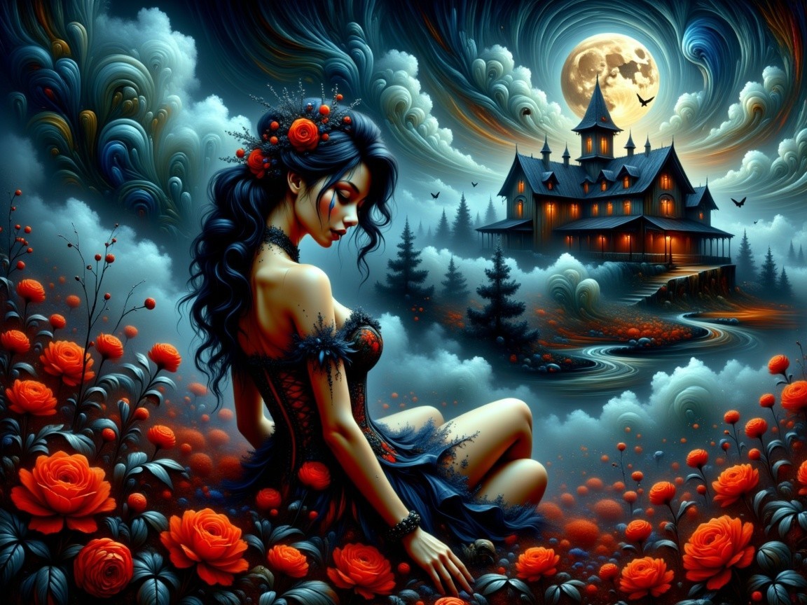 Mystical Woman in Rose Field with Mansion and Moon