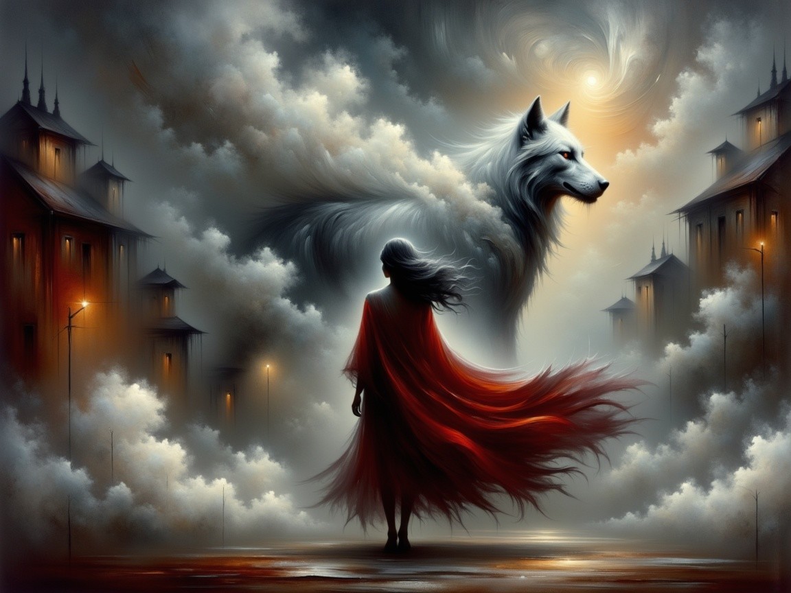 Mystical Urban Landscape with Cloaked Figure and Wolf