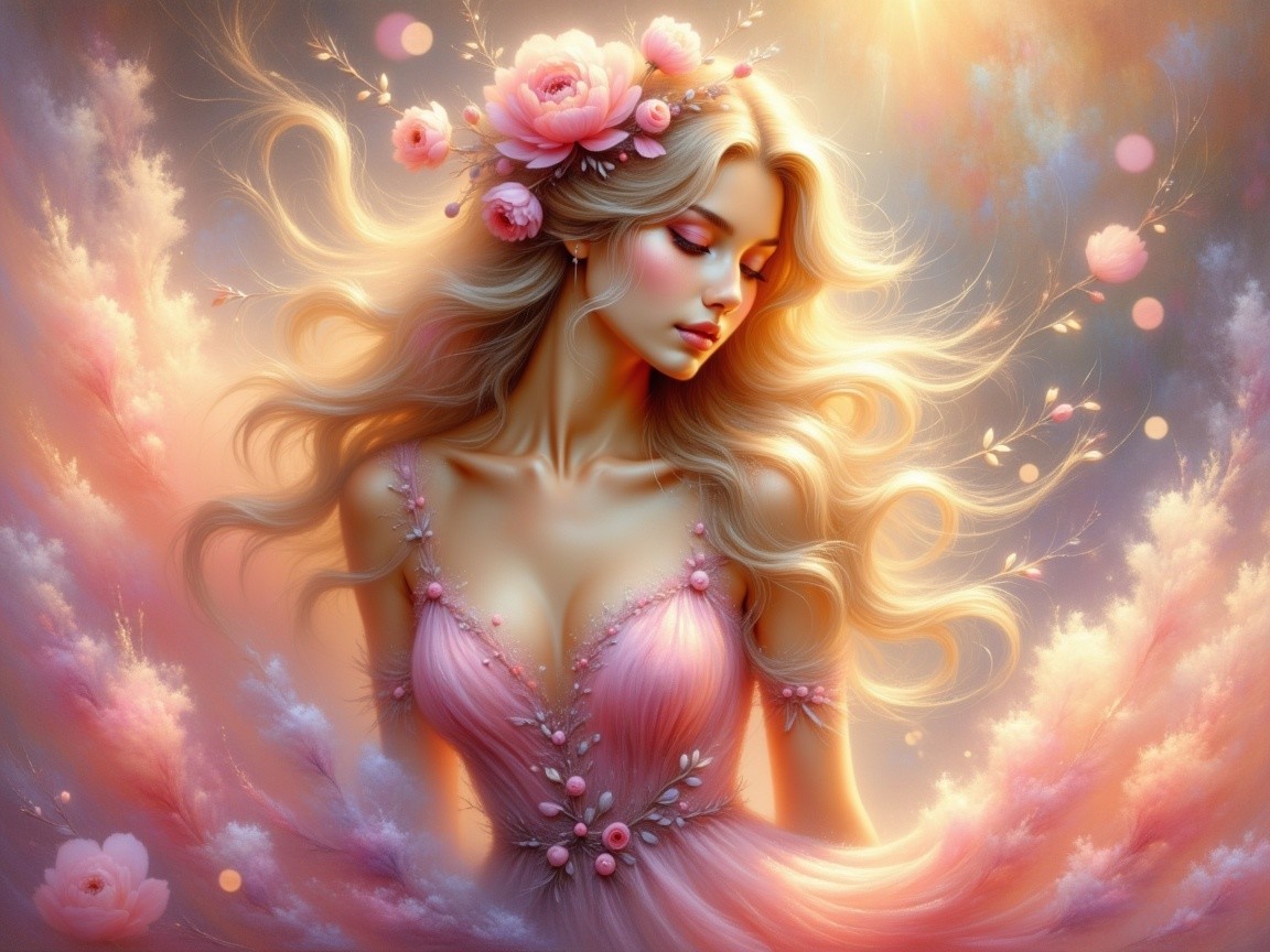 Ethereal Woman in Pink Dress Surrounded by Pastels