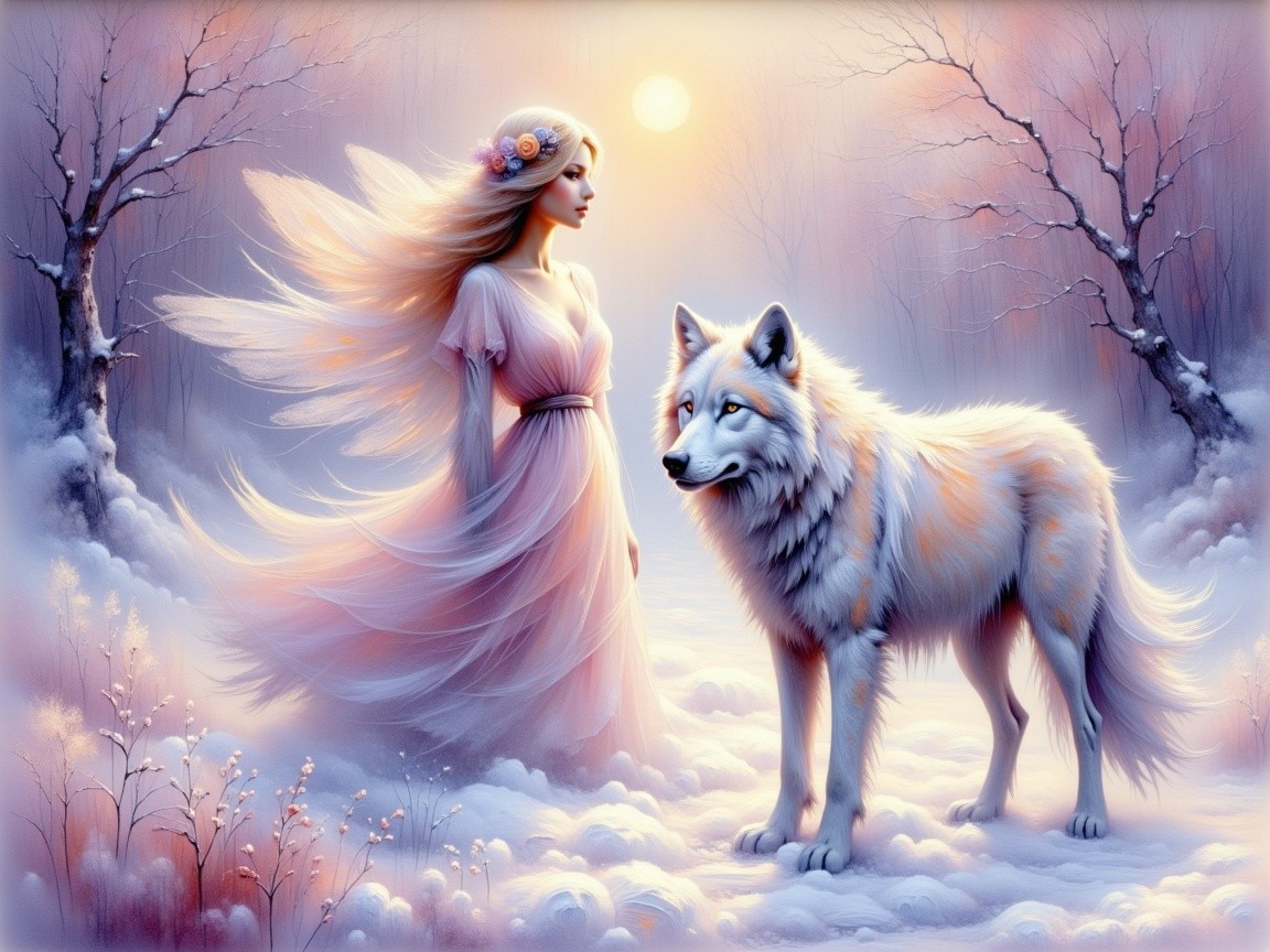 Ethereal Winter Scene with Woman and White Wolf